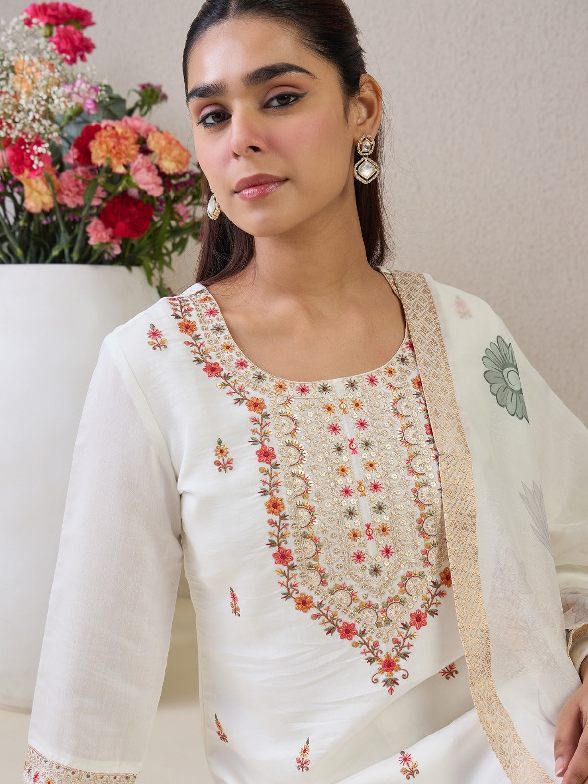 White Embroidered Straight Kurta Set With Dupatta