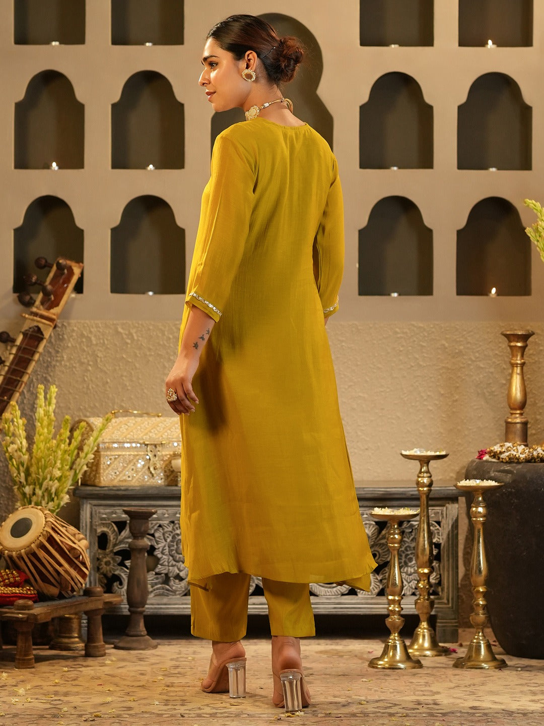 Mustard Embroidered Chanderi Silk A-Line Kurta Trouser Set