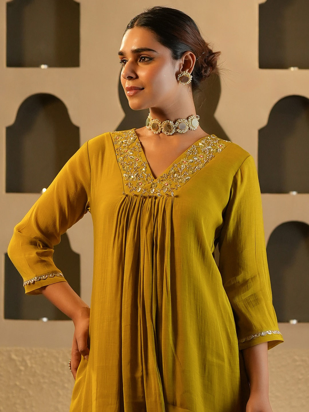 Mustard Embroidered Chanderi Silk A-Line Kurta Trouser Set