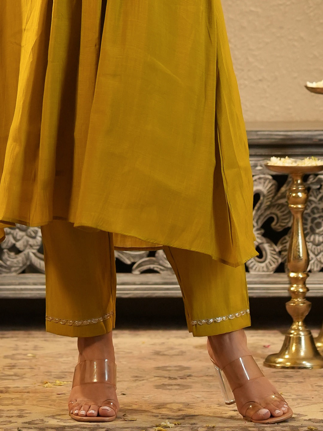 Mustard Embroidered Chanderi Silk A-Line Kurta Trouser Set