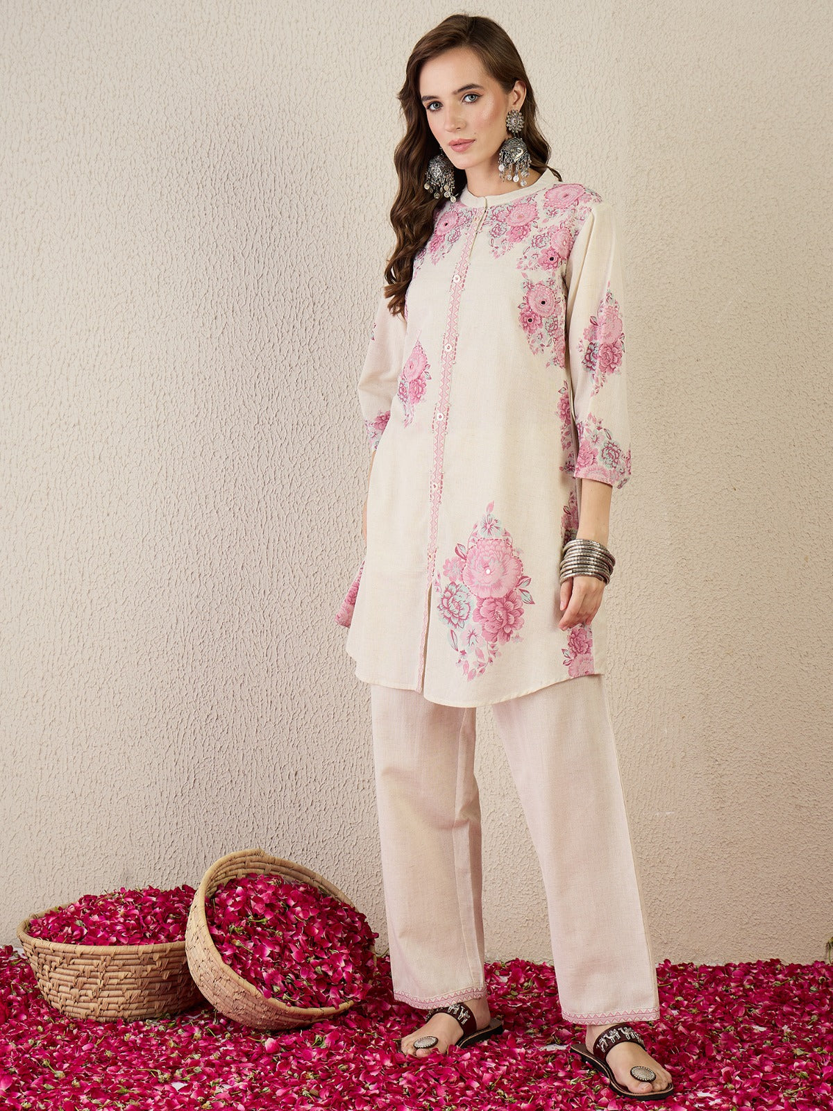White Printed Pure Cotton A-Line Kurta Sets