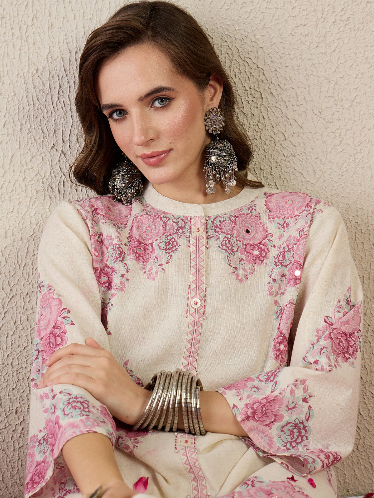 White Printed Pure Cotton A-Line Kurta Sets