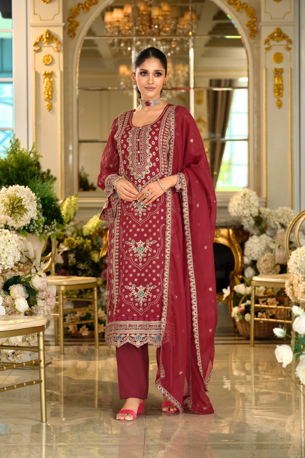 Red Embroidered Chinon Straight Kurta Palazzos With Dupatta