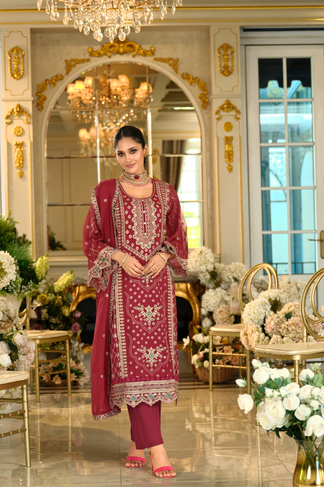 Red Embroidered Chinon Straight Kurta Palazzos With Dupatta