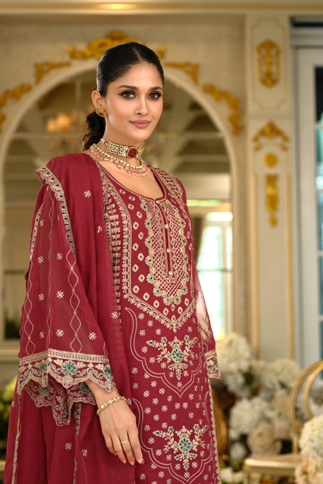 Red Embroidered Chinon Straight Kurta Palazzos With Dupatta