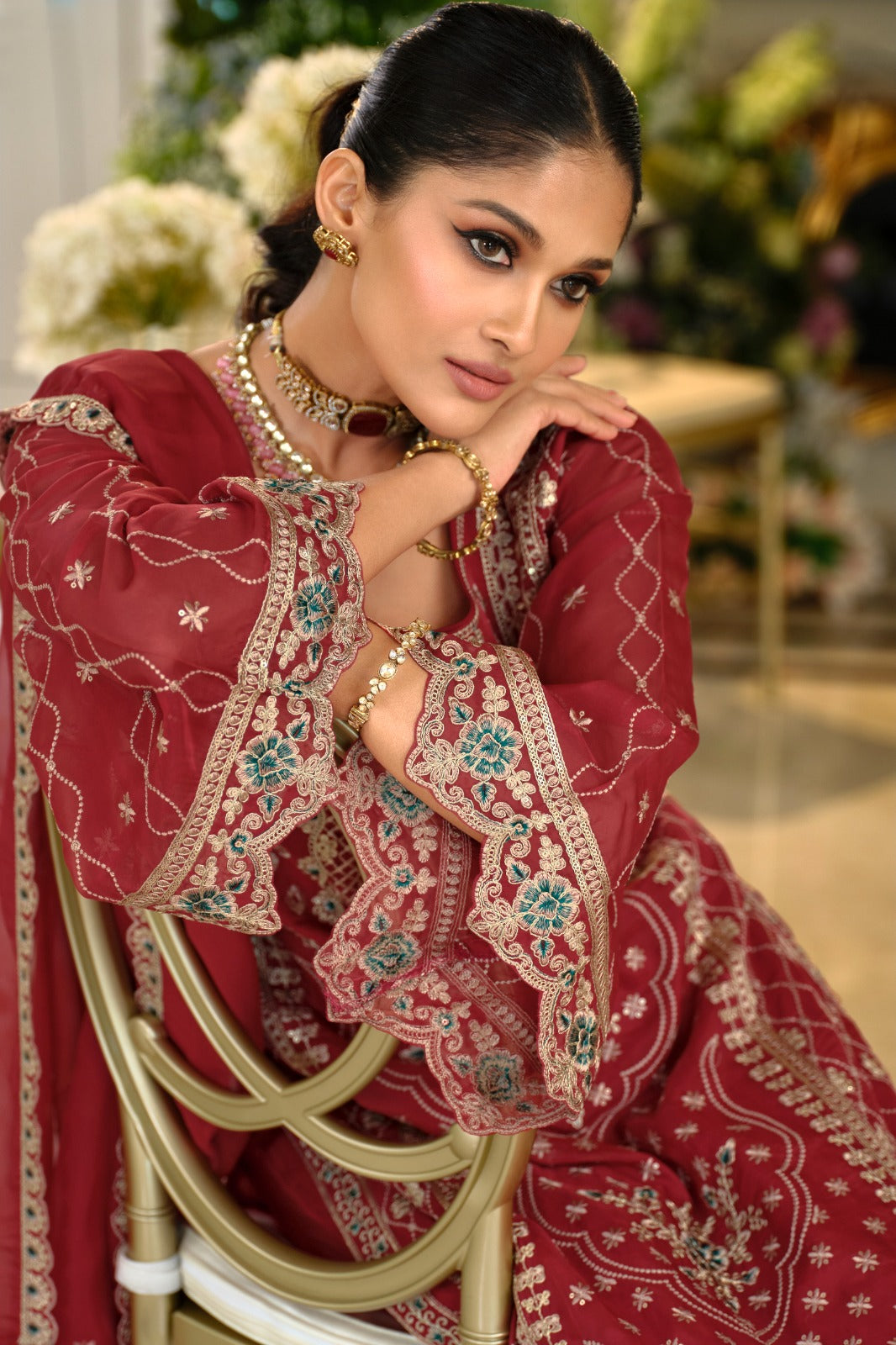 Red Embroidered Chinon Straight Kurta Palazzos With Dupatta