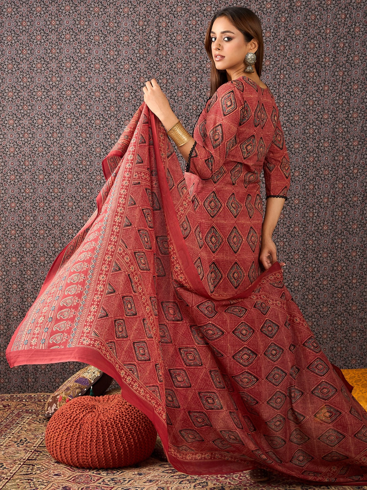 Rust Printed Pure Cotton Straight Kurta Sets With Dupatta