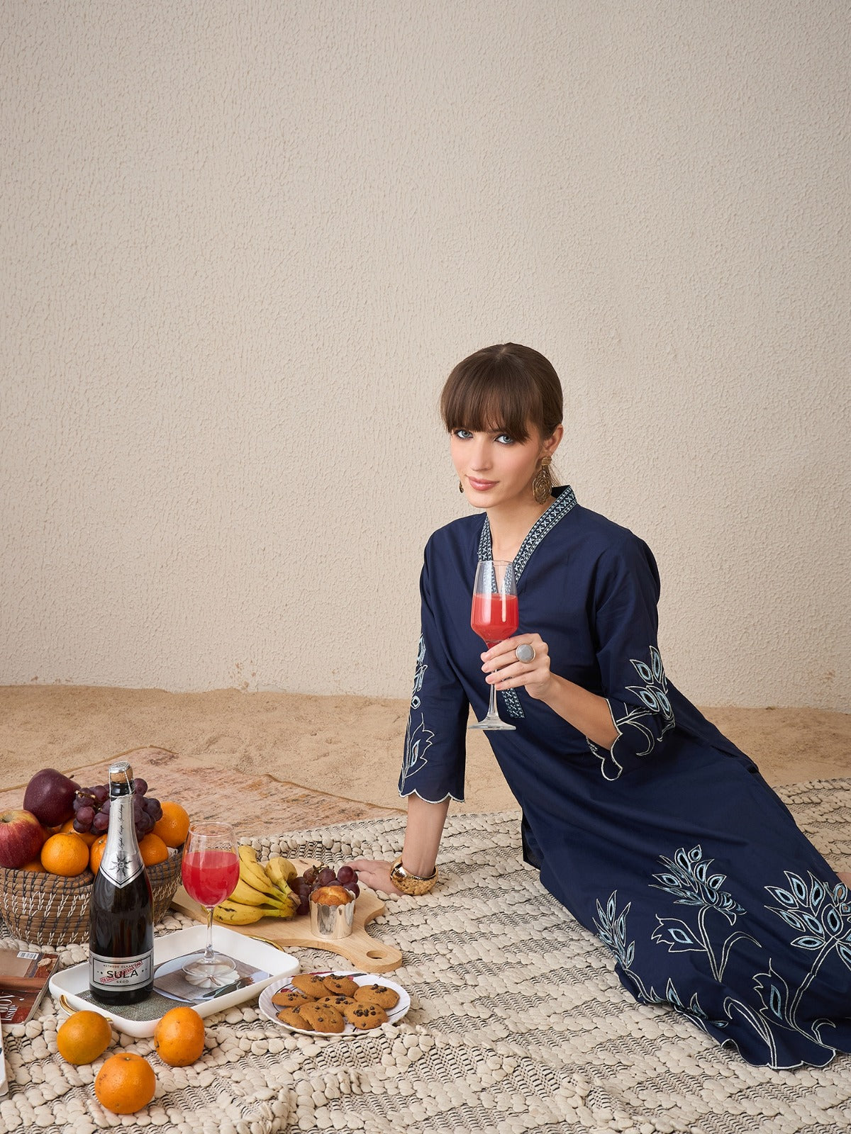 Navy Blue Embroidered Straight Kurta Set