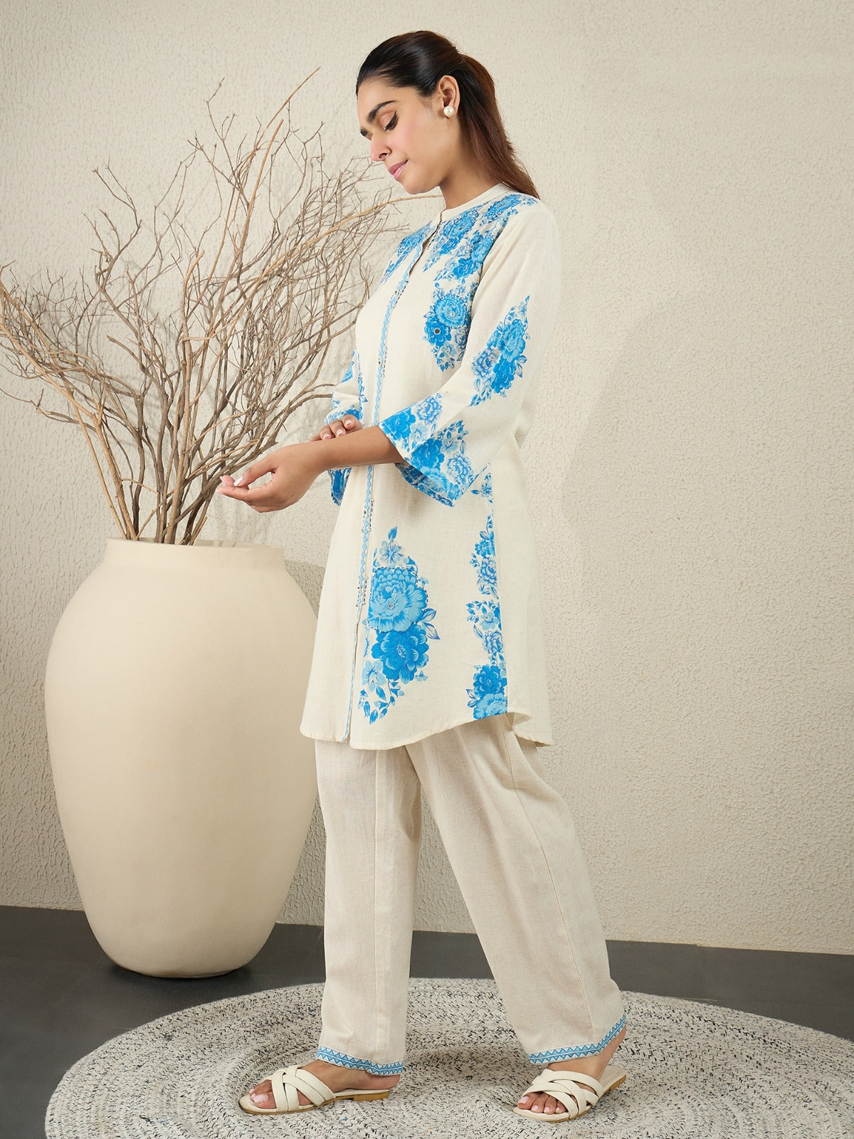 White Printed A-Line Pure Cotton Kurta Sets