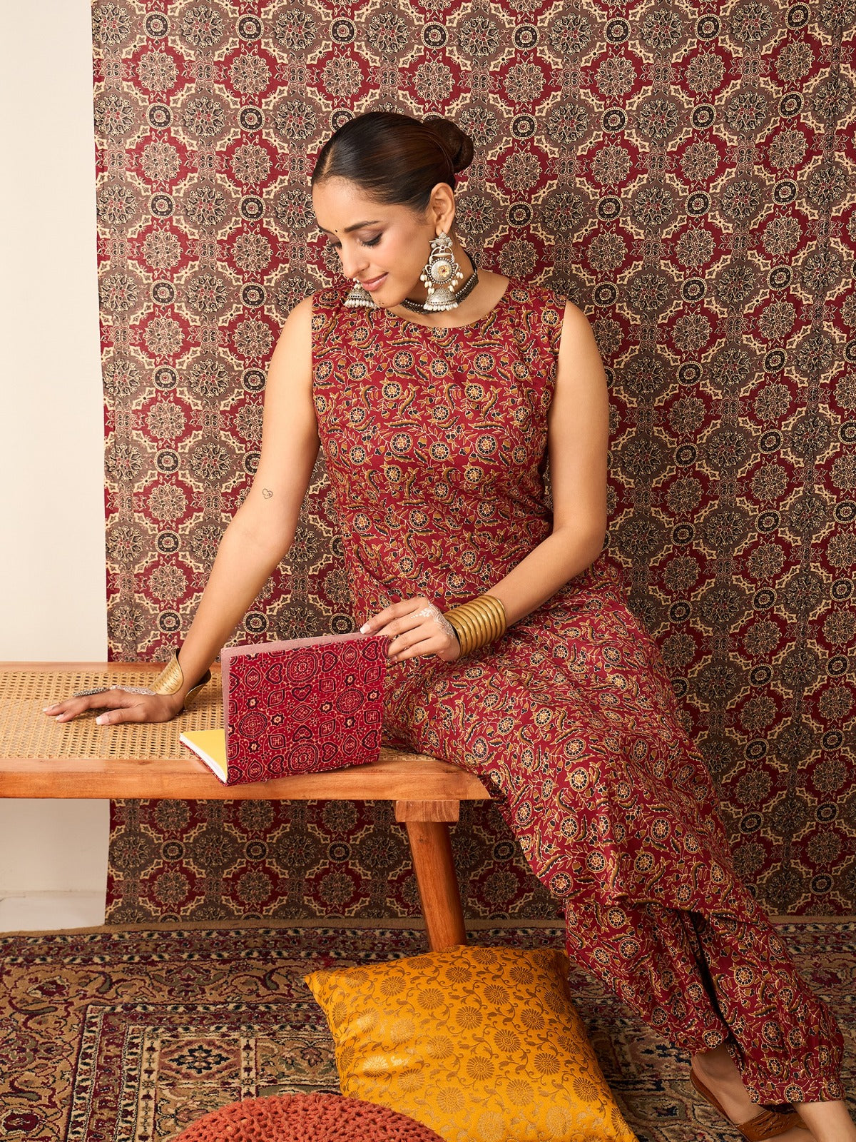 Maroon Printed Pure Cotton Straight Kurta Salwar Set