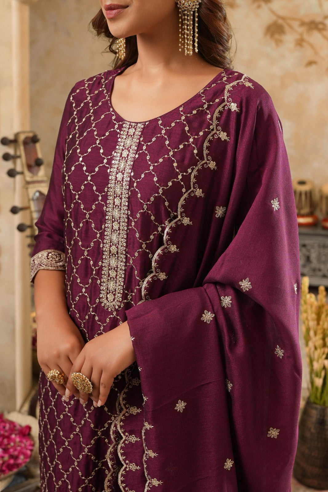 Burgundy Embroidered Silk Blend Straight Kurta Sets With Dupatta