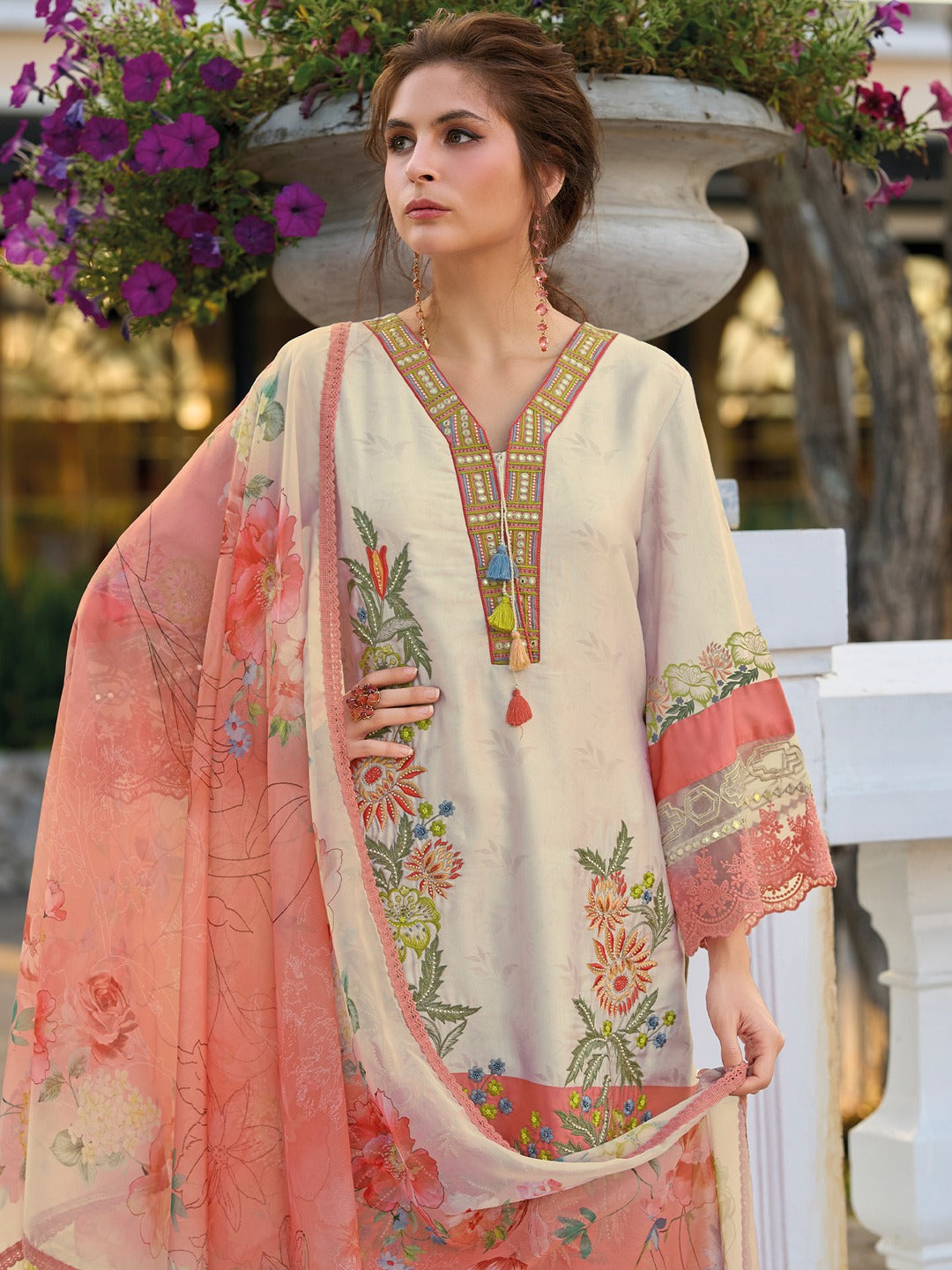 Rust Embroidered Silk Blend Straight Kurta Sets With Dupatta