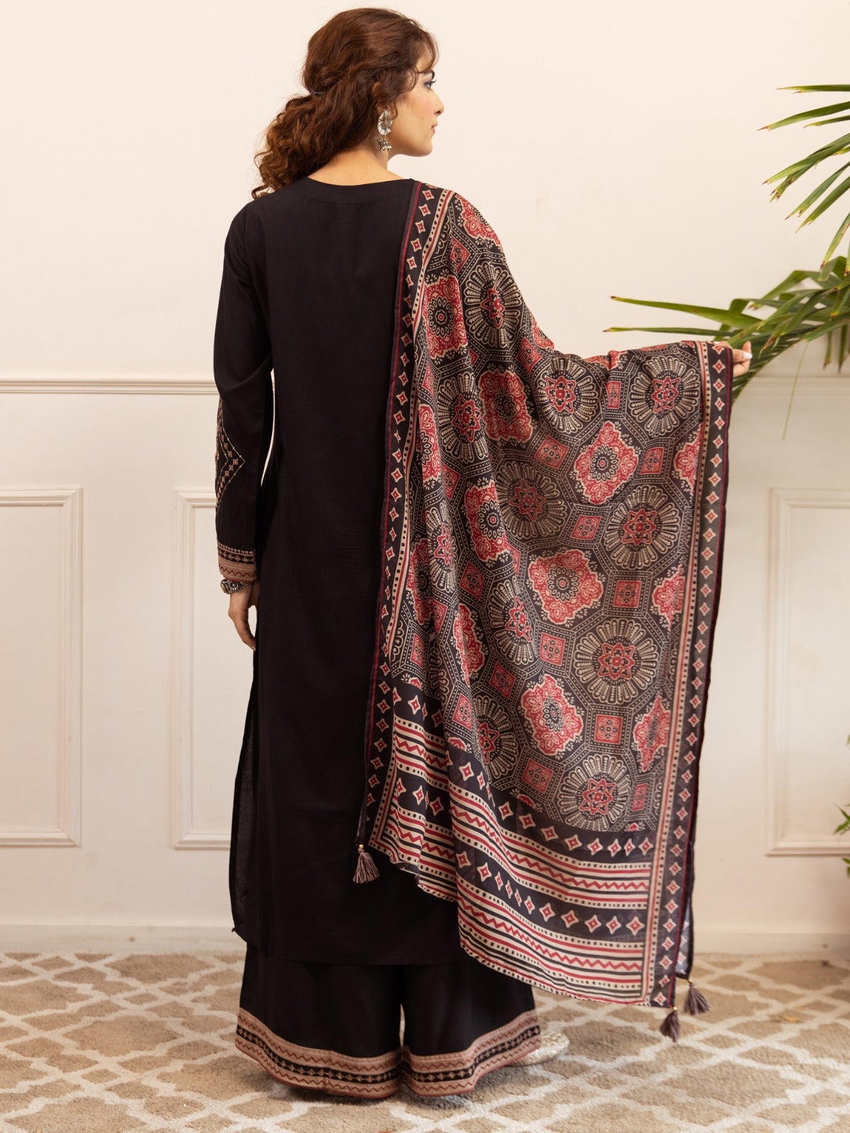 Black Embroidered Viscose Rayon Straight Kurta Palazzos With Dupatta