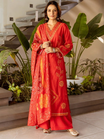 Red Embroidered Silk Blend Straight Kurta Palazzos With Dupatta