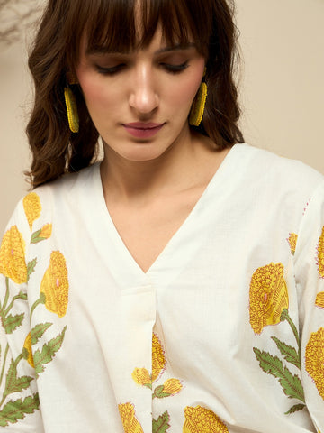 White Printed Straight Pure Cotton Kurta Pant Set