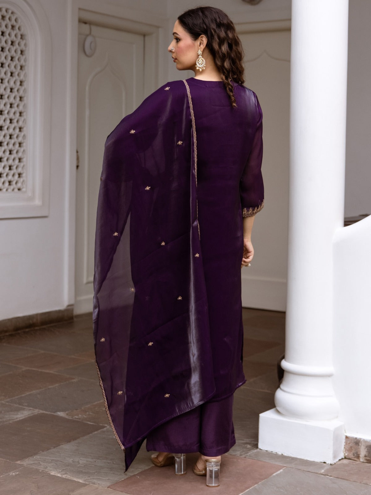 Purple Embroidered Straight Kurta Trousers With Dupatta Set