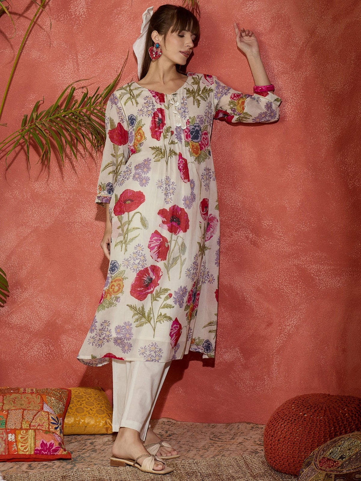 White Printed A Line Kurta Trouser set