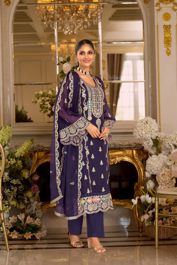 Purple Embroidered Organza Straight Kurta Sets With Dupatta