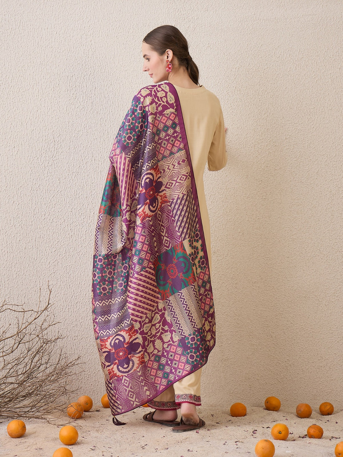 Beige Embroidered Straight Kurta Trousers With Dupatta Set