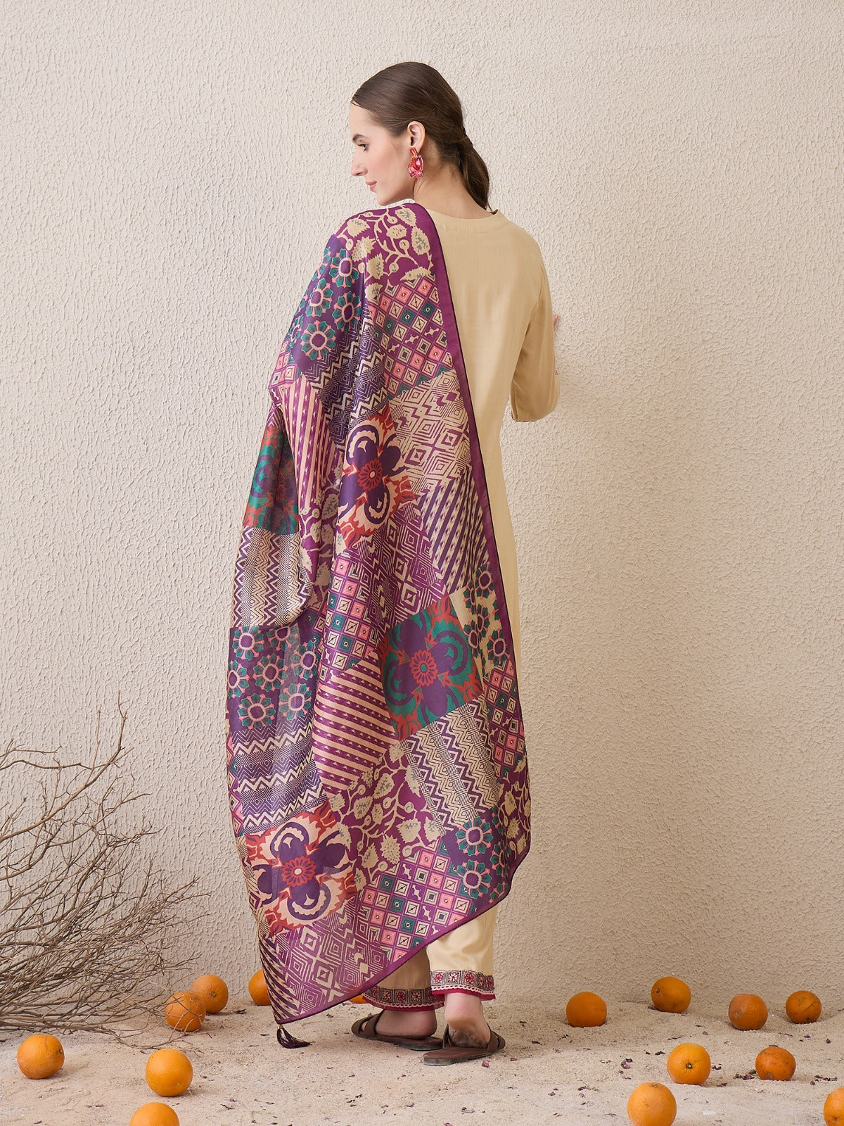 Beige Embroidered Straight Kurta Trousers With Dupatta Set