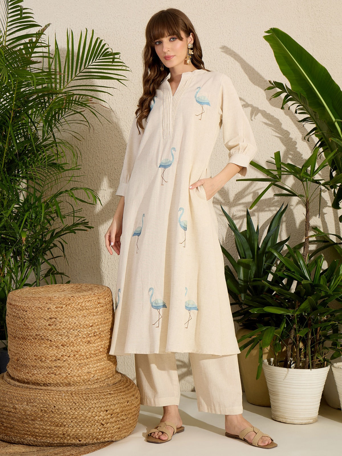 Off White Embroidered Pure Cotton A-Line Kurta Trouser Set