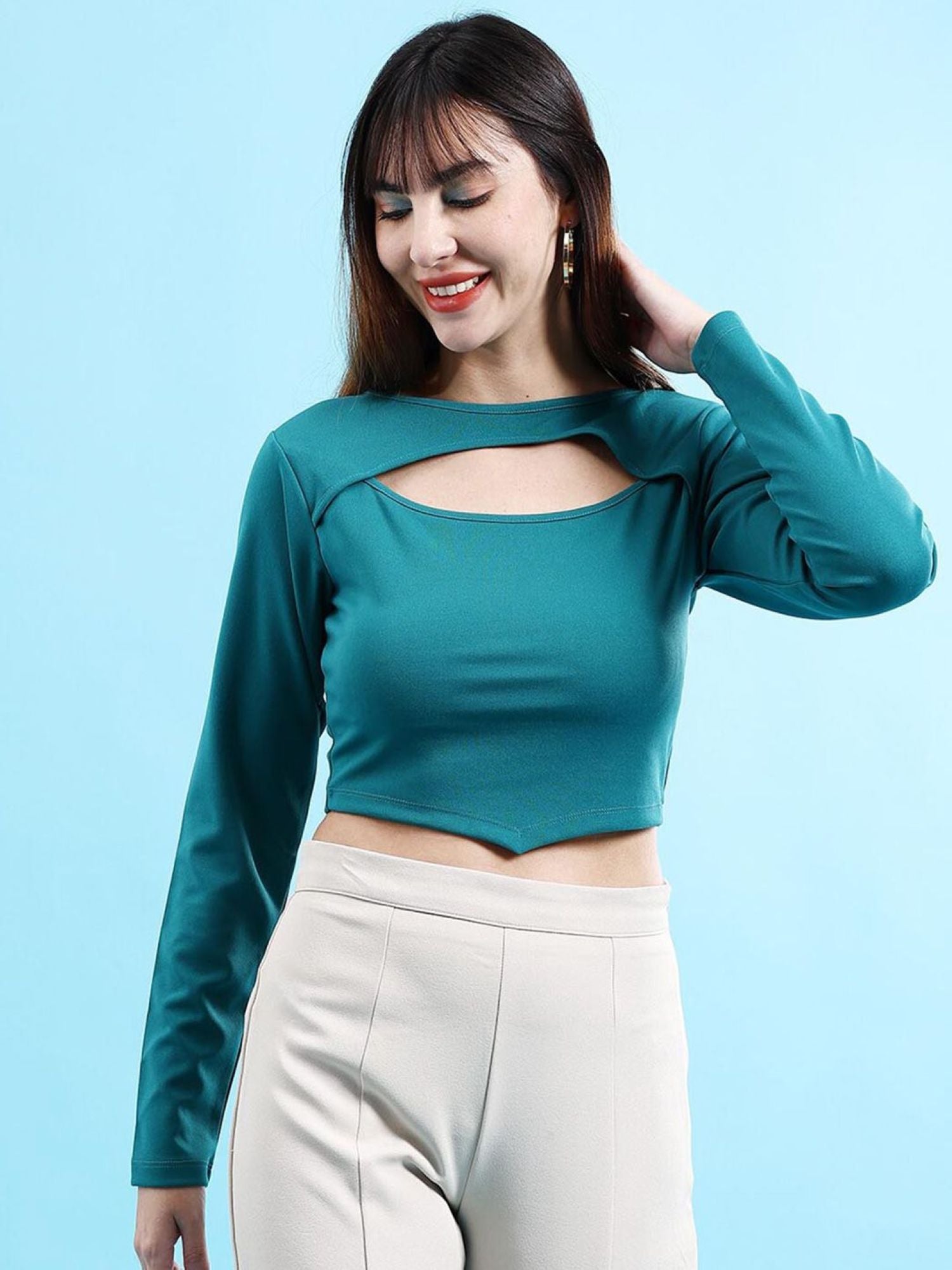 Teal Long-Sleeve Top with a Cutout Design