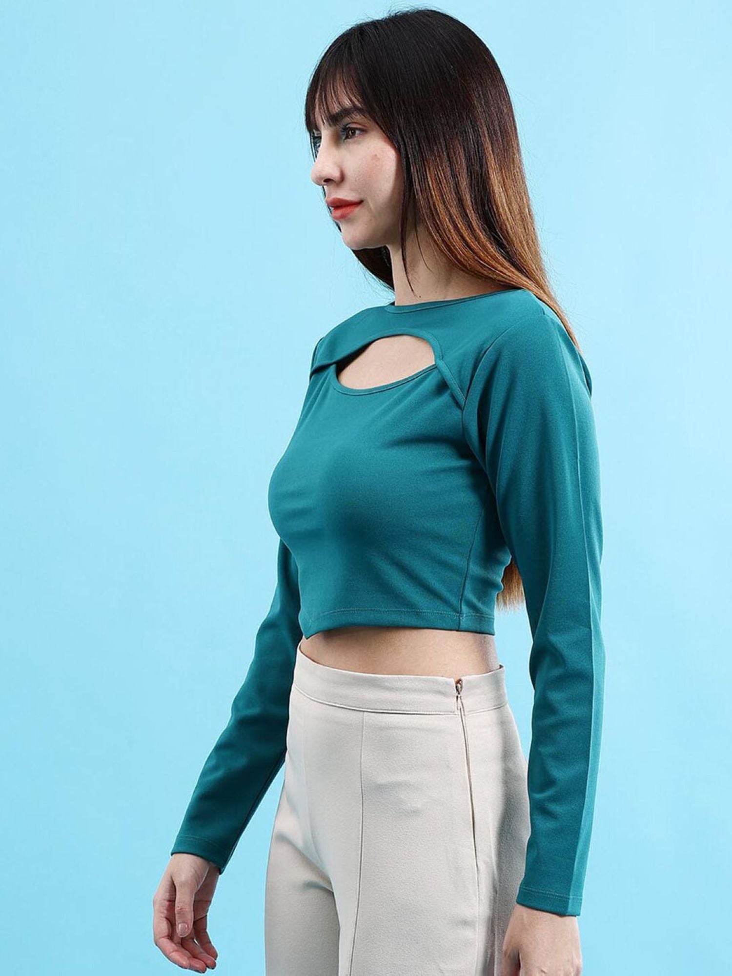 Teal Long-Sleeve Top with a Cutout Design