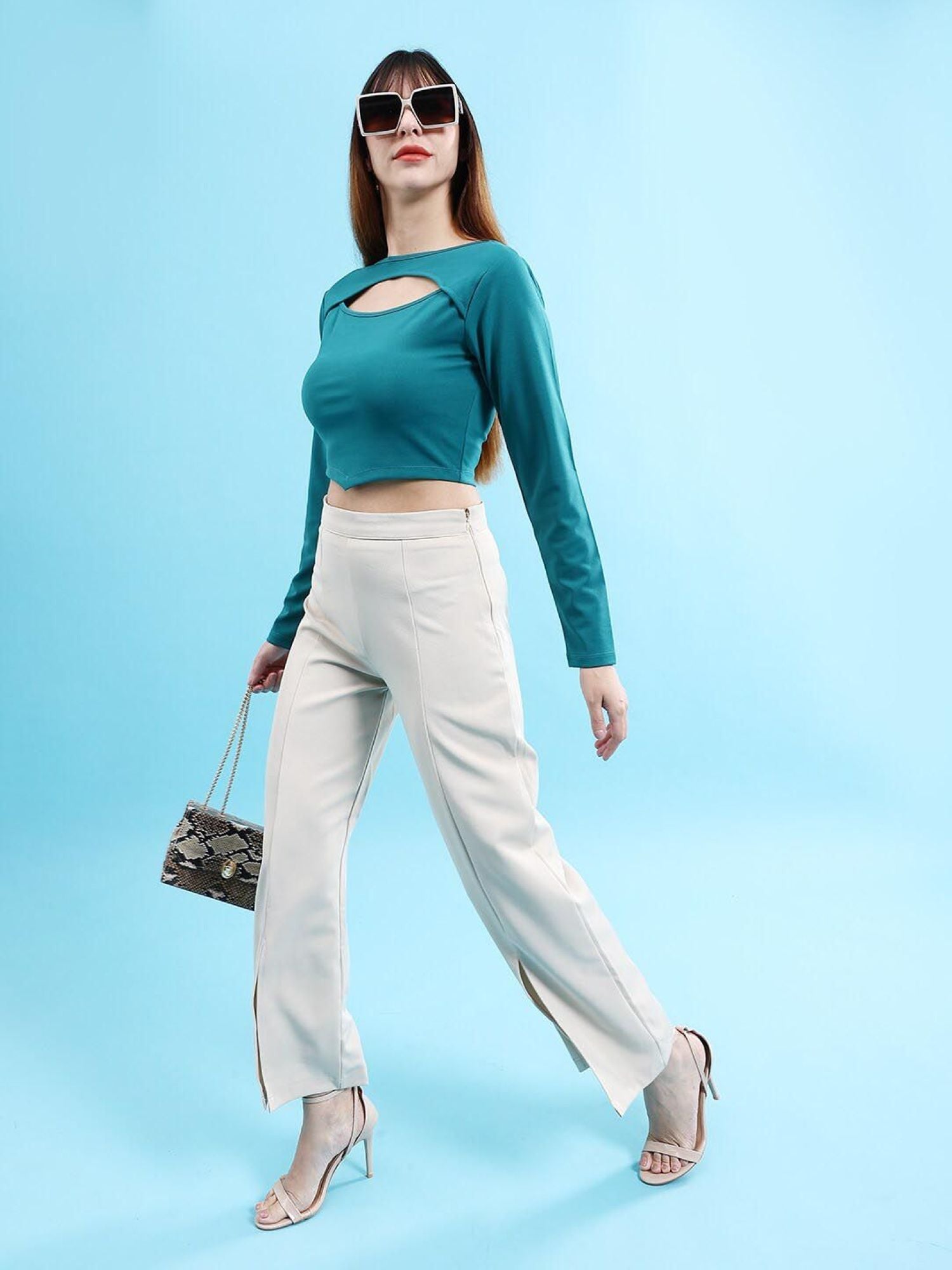 Teal Long-Sleeve Top with a Cutout Design