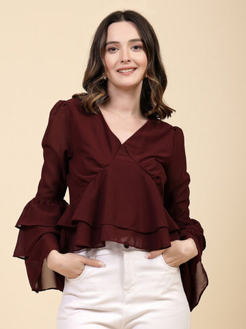 Burgundy Blouse with Ruffled Sleeves