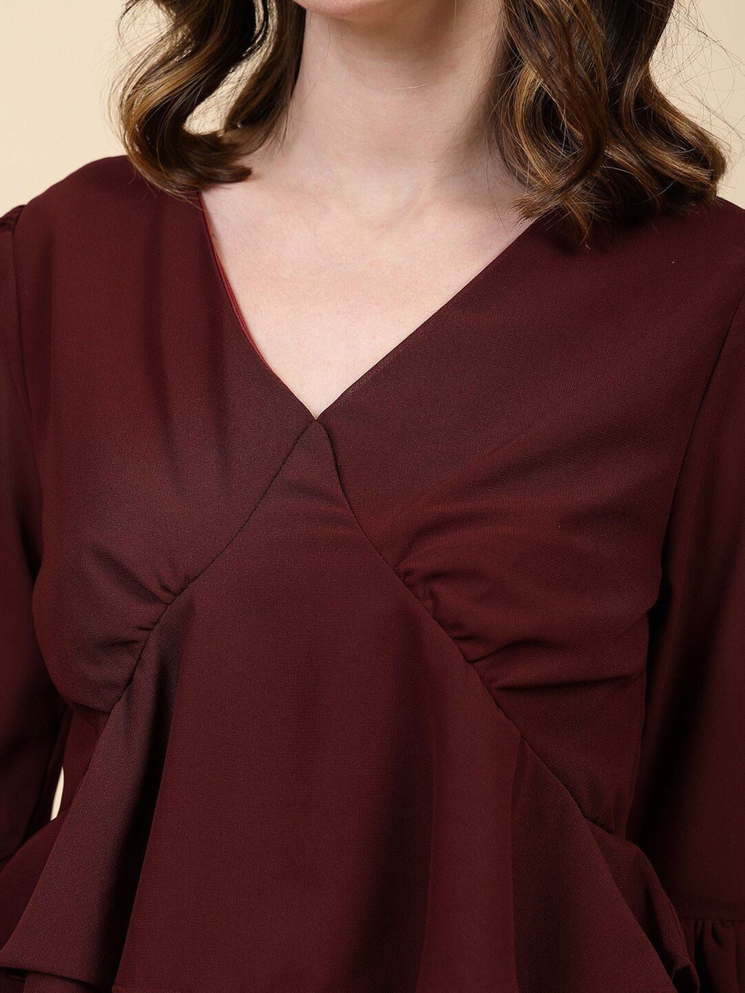 Burgundy Blouse with Ruffled Sleeves