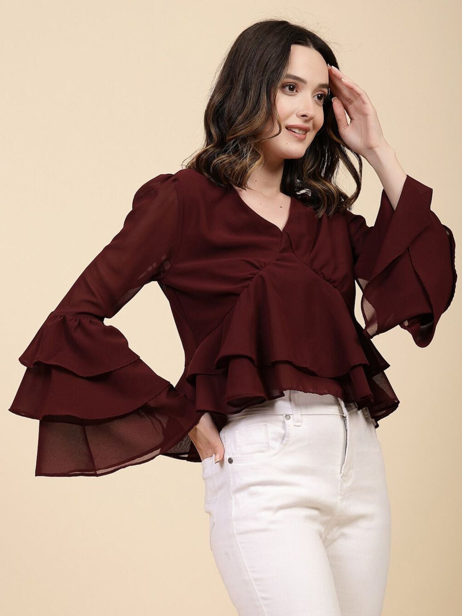 Burgundy Blouse with Ruffled Sleeves