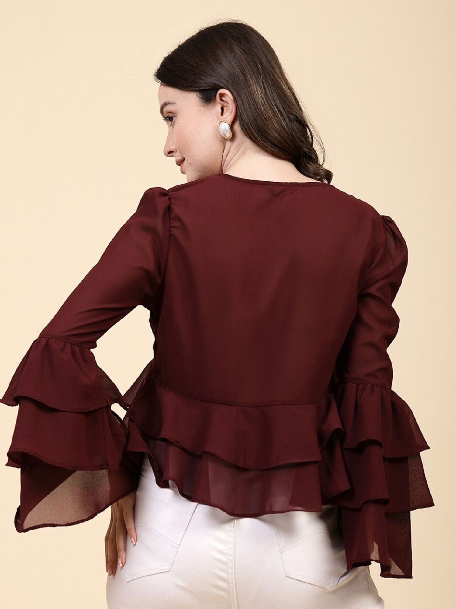 Burgundy Blouse with Ruffled Sleeves