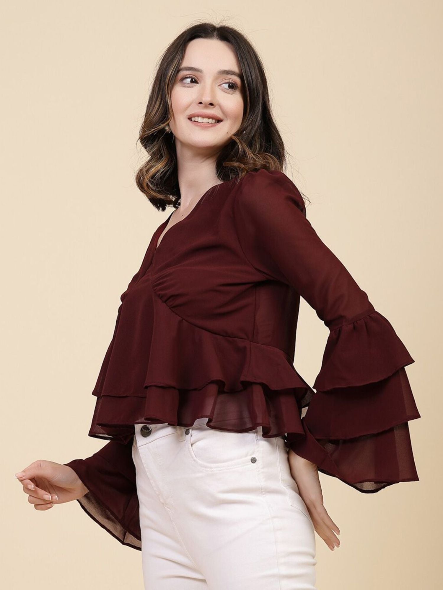 Burgundy Blouse with Ruffled Sleeves