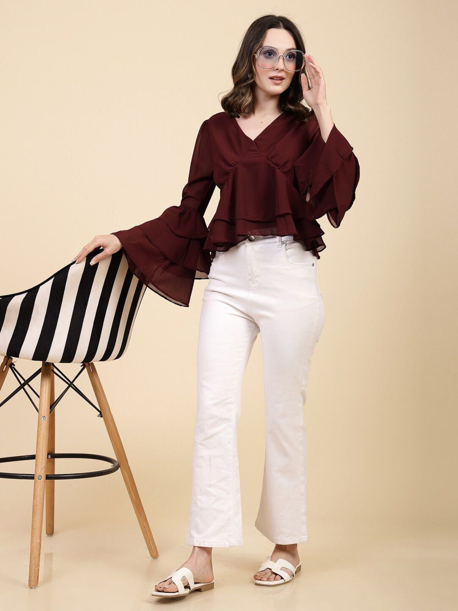 Burgundy Blouse with Ruffled Sleeves