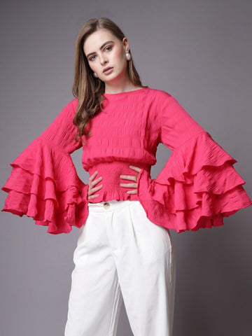 Bright Pink Blouse with Ruffled Sleeves