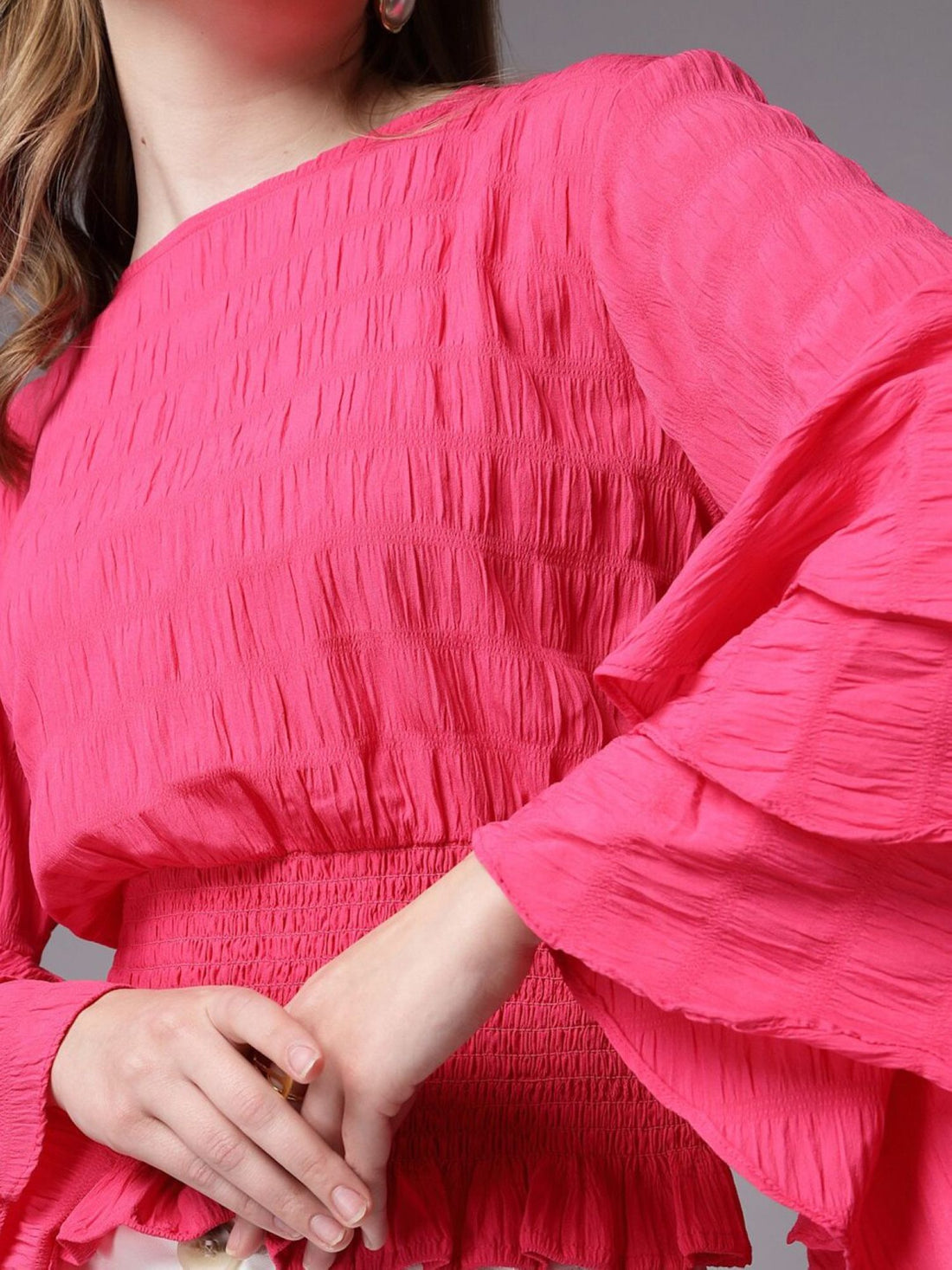 Bright Pink Blouse with Ruffled Sleeves