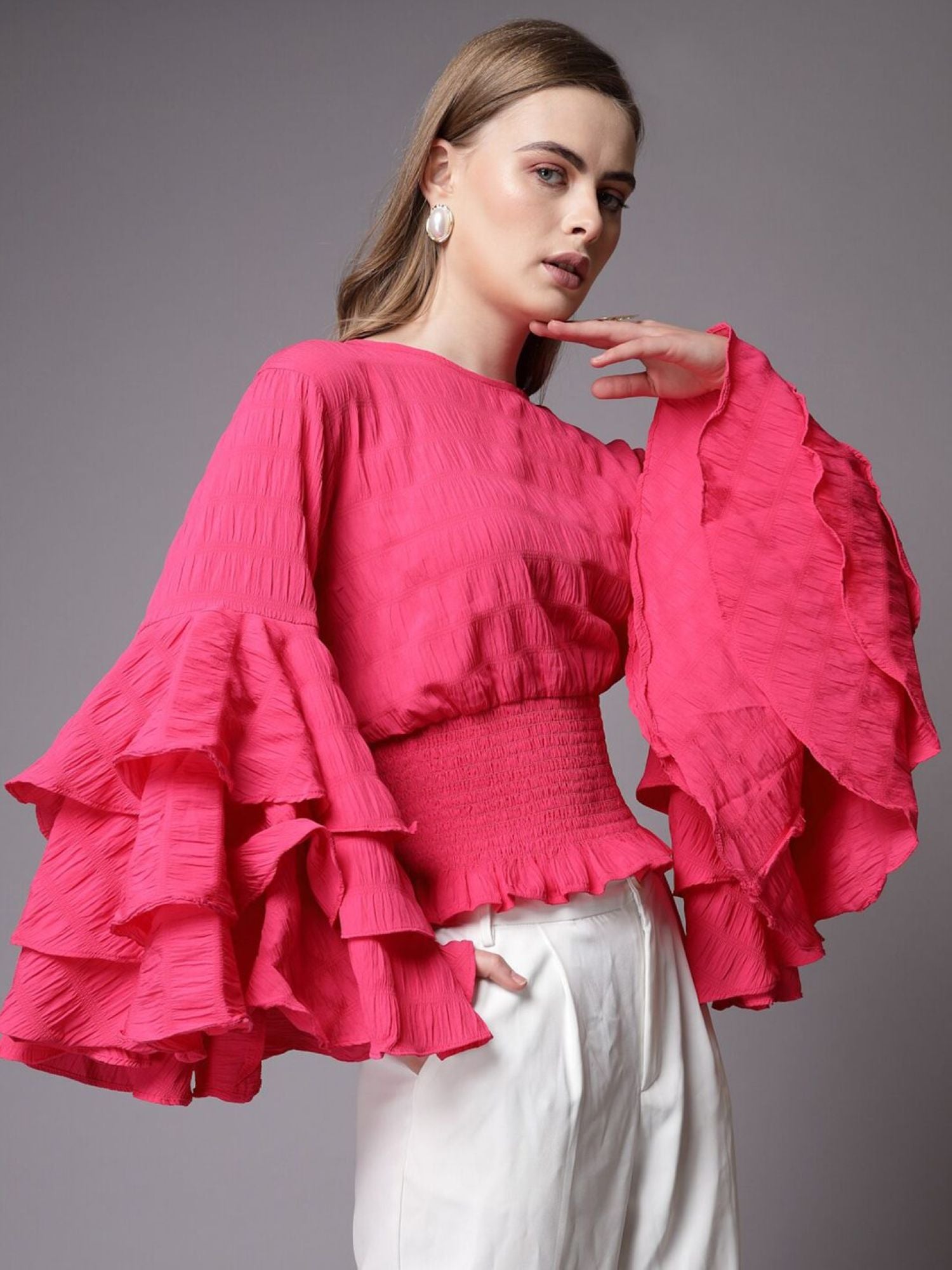 Bright Pink Blouse with Ruffled Sleeves