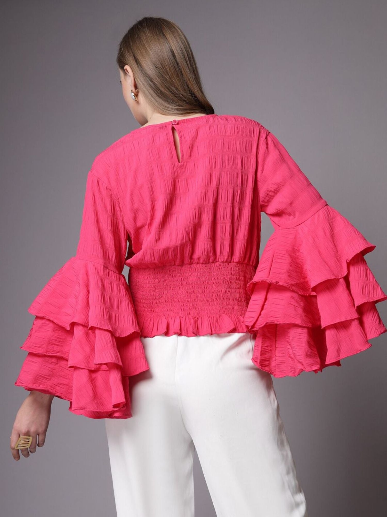 Bright Pink Blouse with Ruffled Sleeves