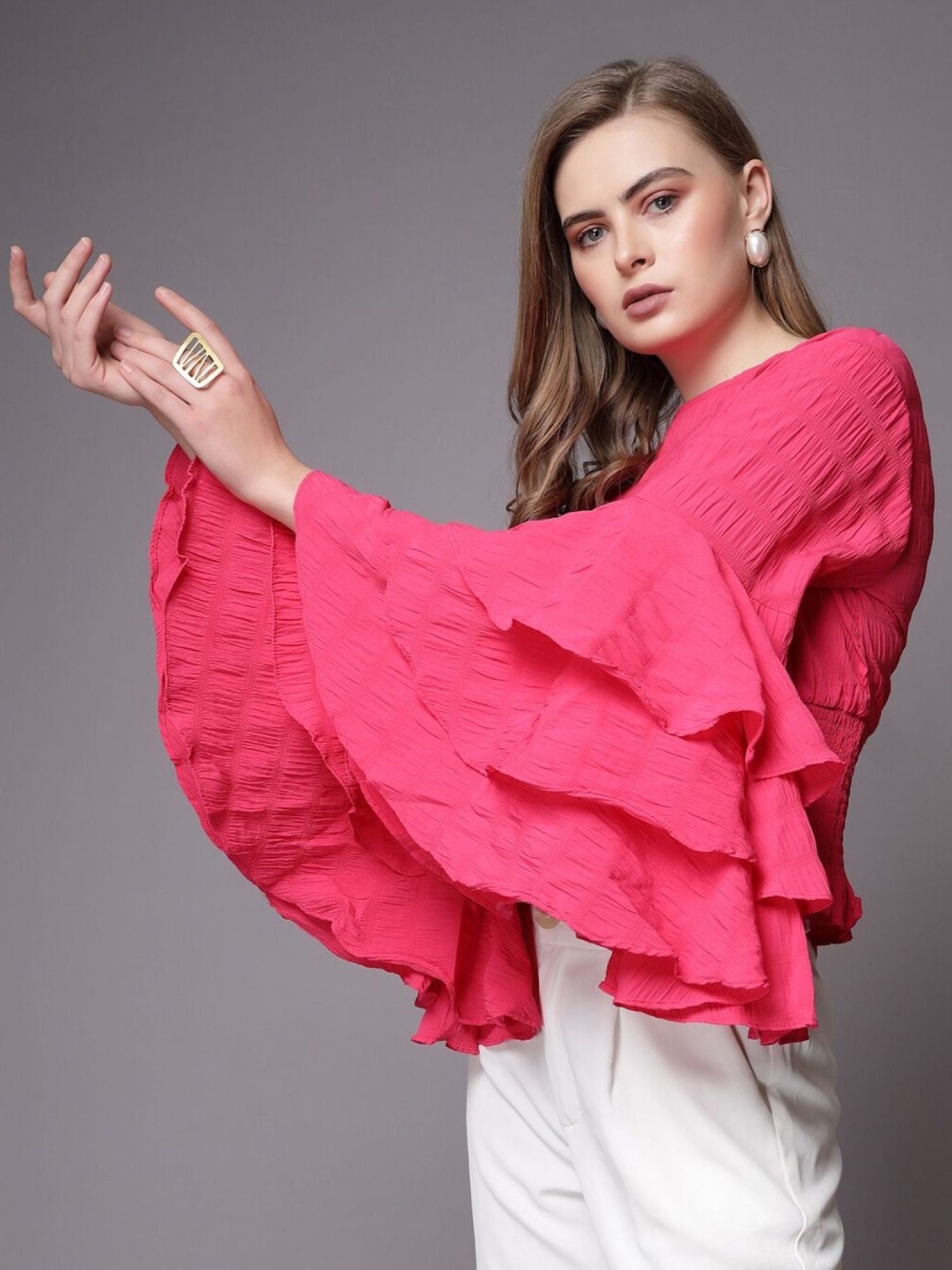 Bright Pink Blouse with Ruffled Sleeves