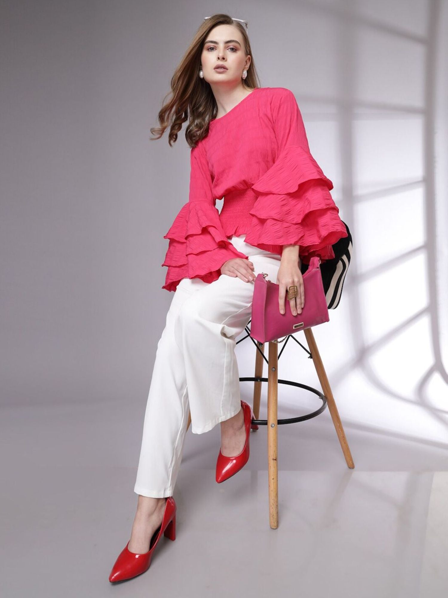 Bright Pink Blouse with Ruffled Sleeves
