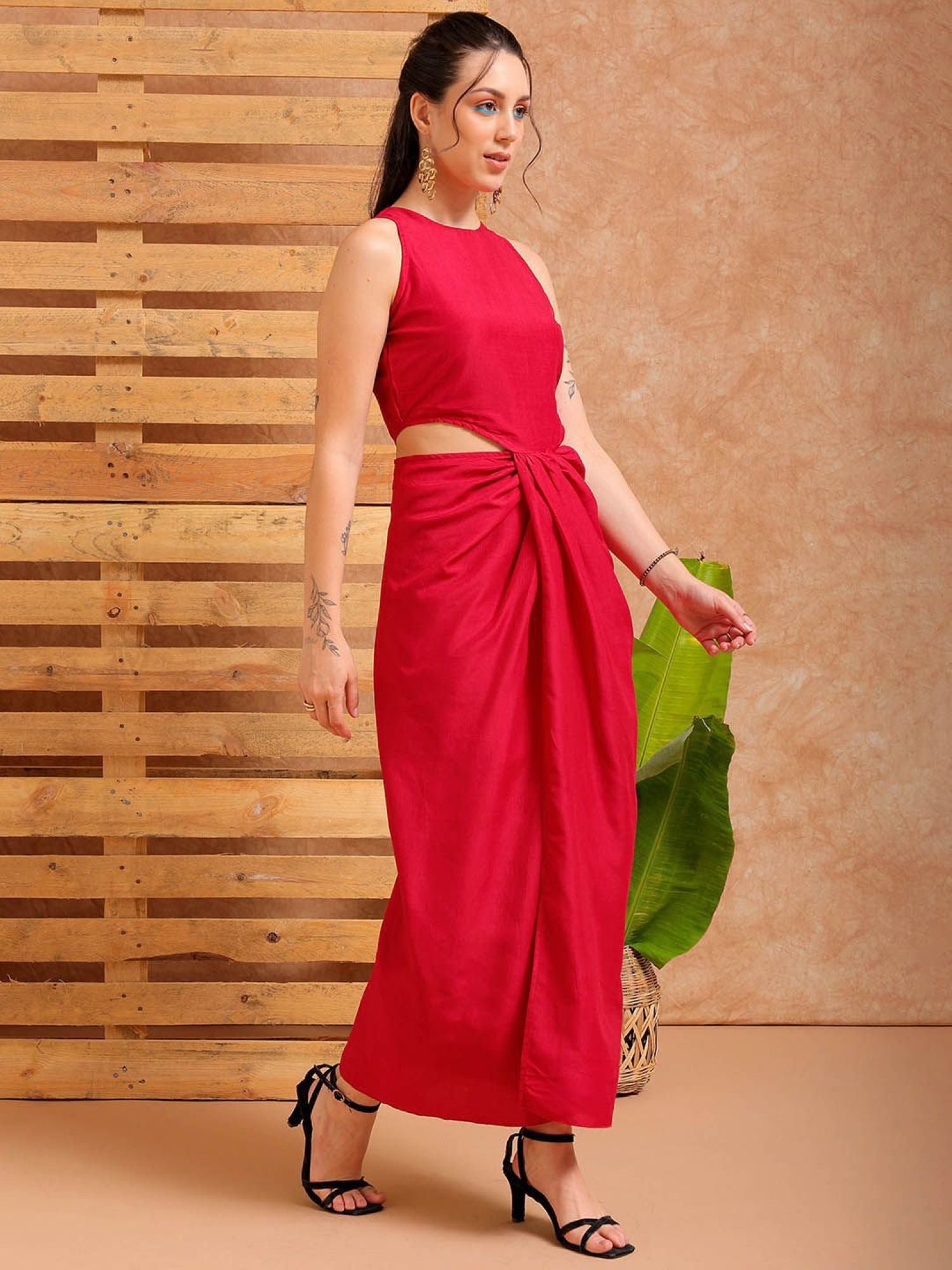 Sleeveless Cut-Out Draped Maxi Dress (with Side Slit)