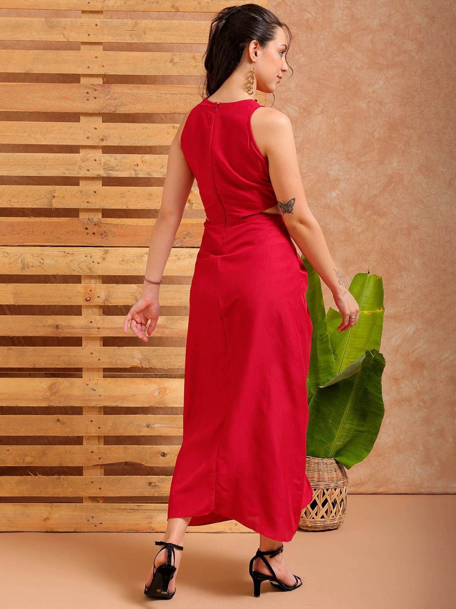 Sleeveless Cut-Out Draped Maxi Dress (with Side Slit)
