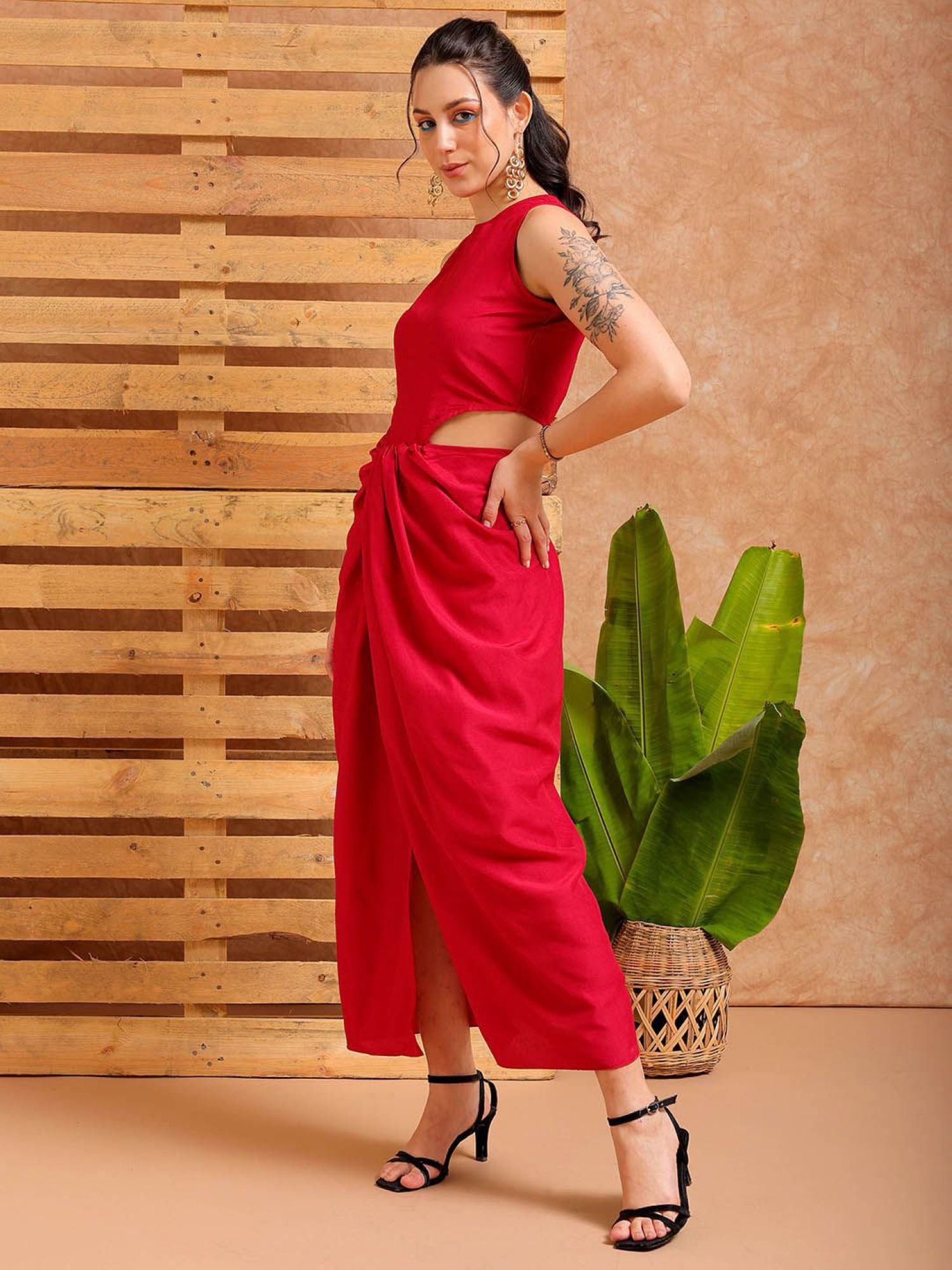 Sleeveless Cut-Out Draped Maxi Dress (with Side Slit)