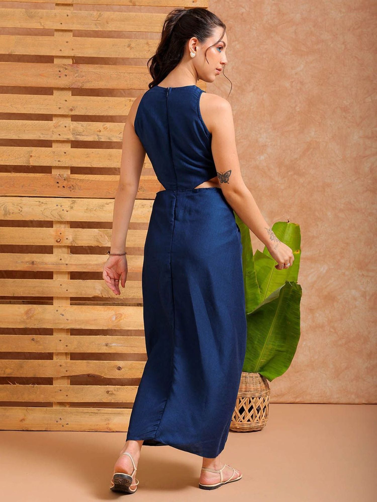 Sleeveless Cut-Out Draped Maxi Dress (with Side Slit)