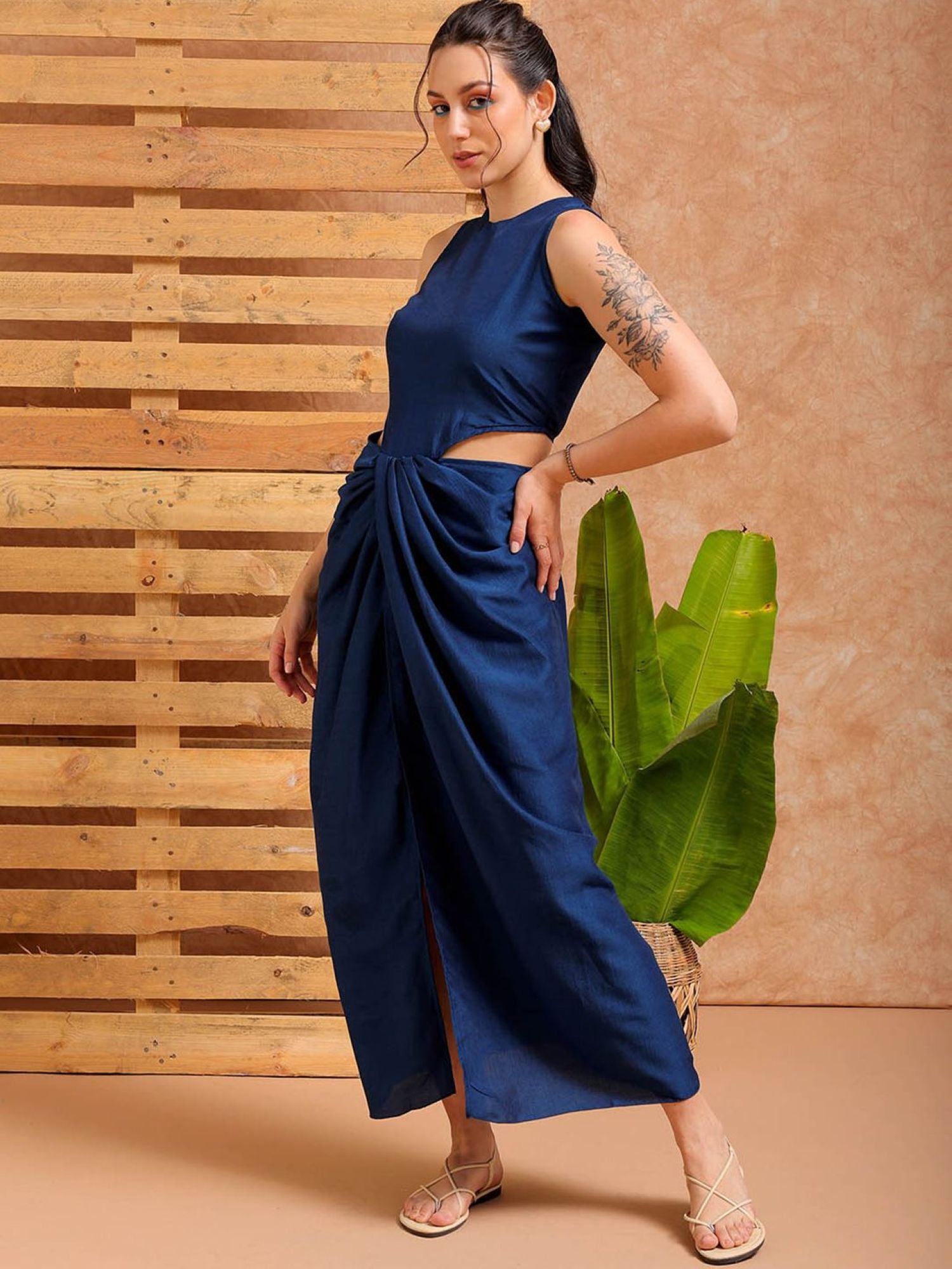 Sleeveless Cut-Out Draped Maxi Dress (with Side Slit)