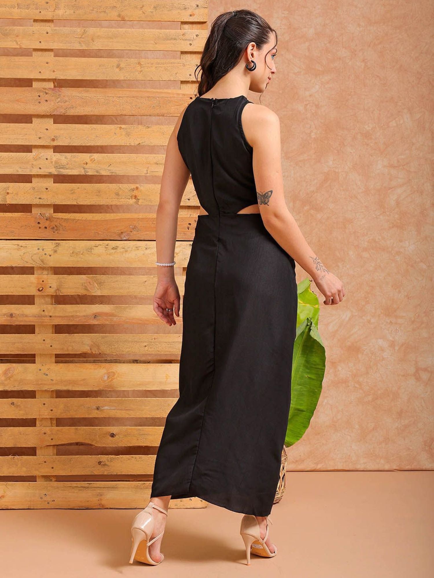 Sleeveless Cut-Out Draped Maxi Dress (with Side Slit)