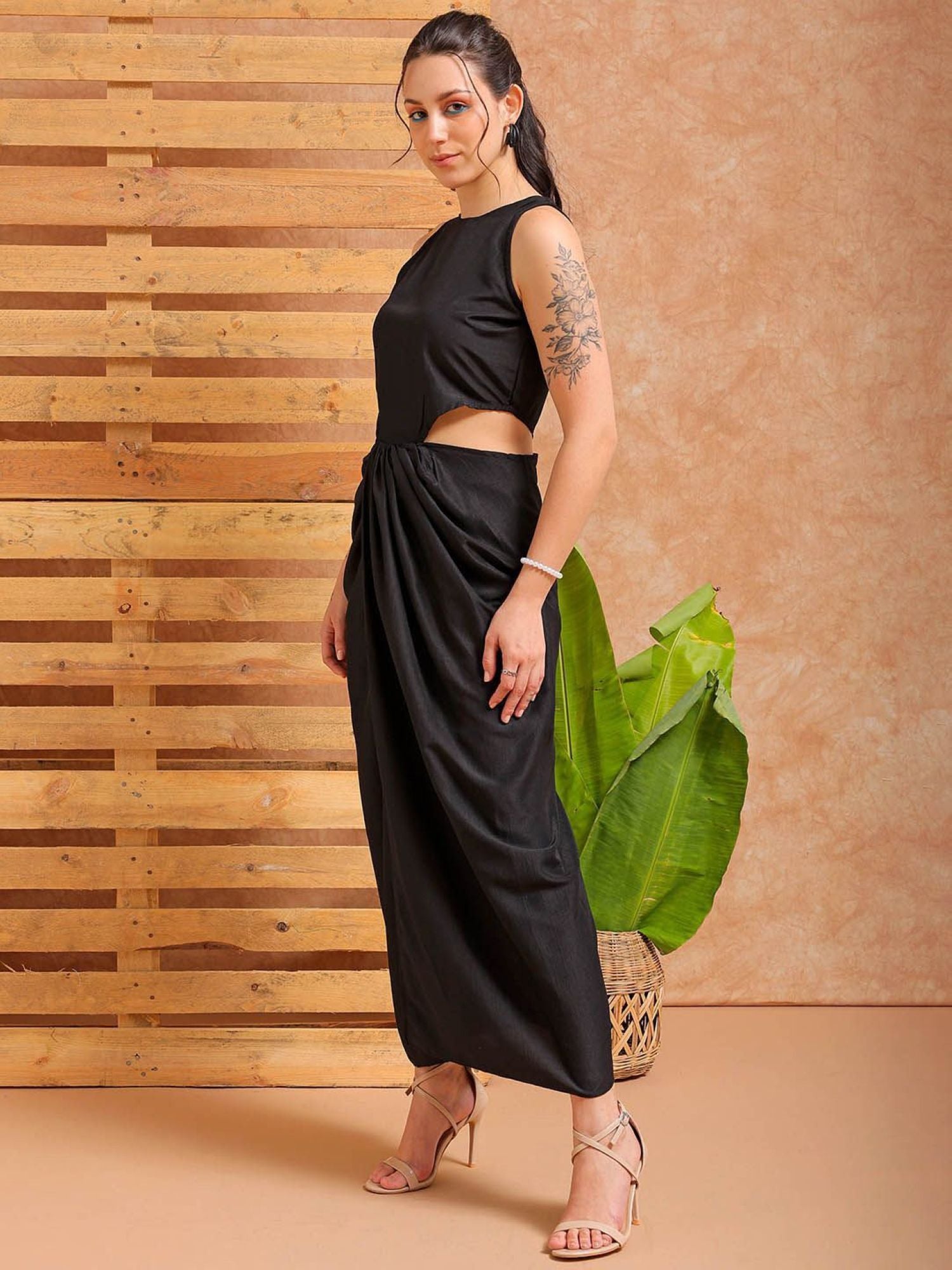 Sleeveless Cut-Out Draped Maxi Dress (with Side Slit)