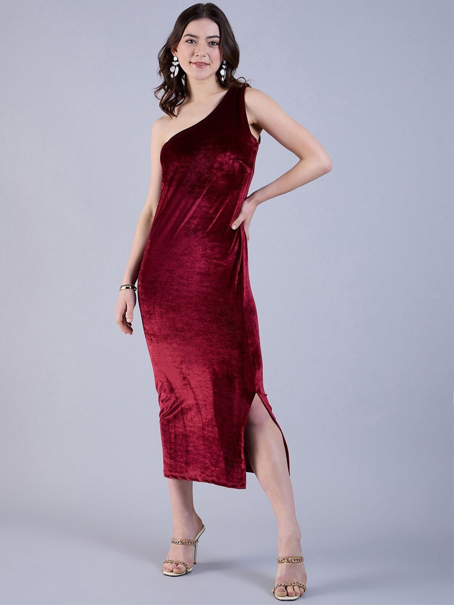 One-shoulder velvet midi dress