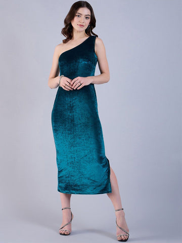 One-shoulder velvet midi dress