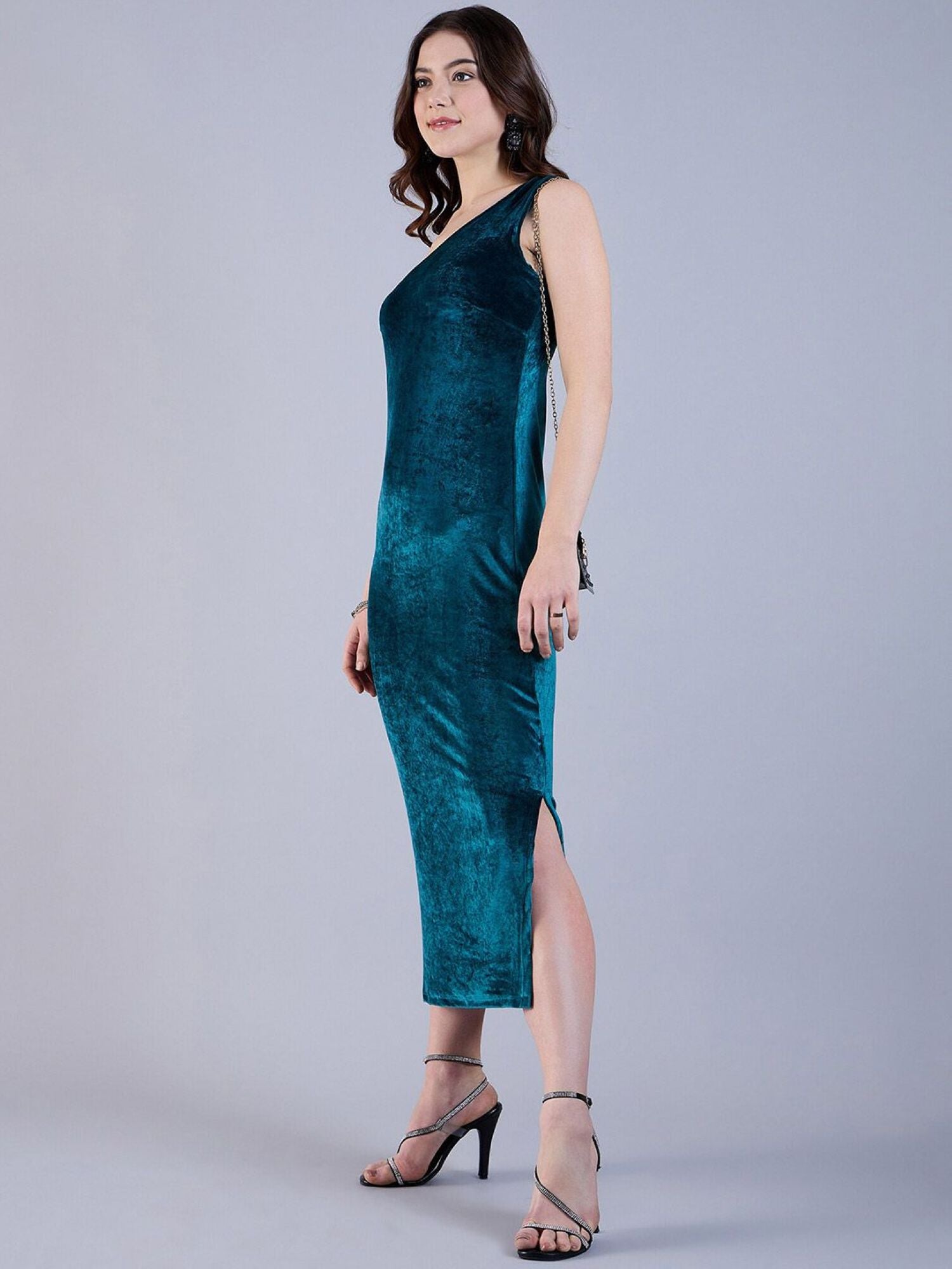 One-shoulder velvet midi dress